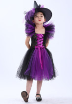Halloween girls' mesh puffy dress with matching hat, children's witch performance costume Halloween girls' mesh puffy dress with matching hat, children's witch performance costume