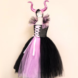 Halloween children's Maleficent witch dress with headband mesh dress two-piece set