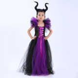 Halloween children's Maleficent witch dress with headband mesh dress two-piece set
