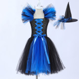 Halloween girls' mesh puffy dress with matching hat, children's witch performance costume