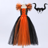 Halloween children's Maleficent witch dress with headband mesh dress two-piece set