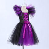 Halloween girls' mesh puffy dress with matching hat, children's witch performance costume