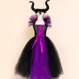 Halloween children's Maleficent witch dress with headband mesh dress two-piece set