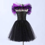 Halloween girls' mesh puffy dress with matching hat, children's witch performance costume