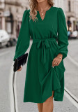 Women V-Neck Lace-Up Long Sleeve Dress