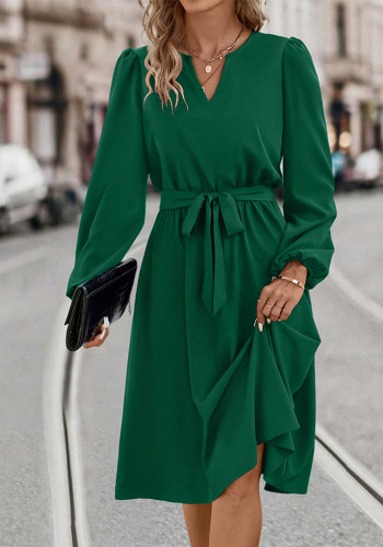 Women V-Neck Lace-Up Long Sleeve Dress