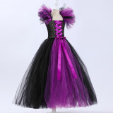 Halloween children's Maleficent witch dress with headband mesh dress two-piece set