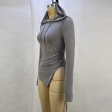 Women's Autumn Style Street Drawstring Irregular Slim Fit Hooded Top For Women