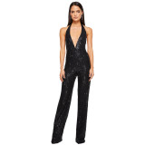 Women's Sleeveless Deep V Halter Neck Low Back Sequin Jumpsuit T
