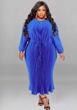 Plus Size Autumn Women's Zipper Round Neck Long Sleeve Pleated Dress