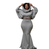 Sexy Slim Solid Color Hooded Fishtail Skirt Set