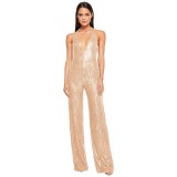 Women's Sleeveless Deep V Halter Neck Low Back Sequin Jumpsuit T
