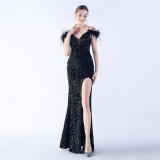 Elegant Feather High-Density Sequined Long Evening Dress