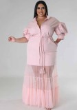 Chic Mesh Patchwork Short Sleeve Autumn Turndown Collar Button Up Plus Size Dress