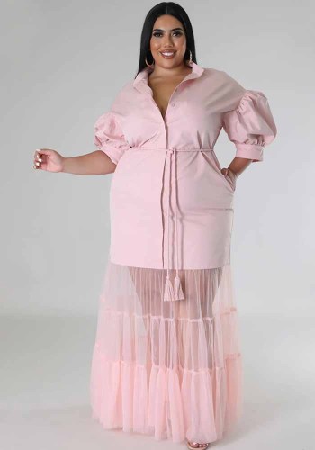 Chic Mesh Patchwork Short Sleeve Autumn Turndown Collar Button Up Plus Size Dress
