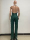 Women's Sleeveless Deep V Halter Neck Low Back Sequin Jumpsuit T