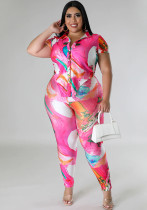 Plus Size Women's Printed Summer Short Sleeve Shirt Trousers Fashion Casual two piece Set Plus Size Women's Printed Summer Short Sleeve Shirt Trousers Fashion Casual two piece Set