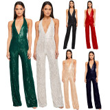 Women's Sleeveless Deep V Halter Neck Low Back Sequin Jumpsuit T