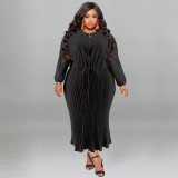 Plus Size Autumn Women's Zipper Round Neck Long Sleeve Pleated Dress