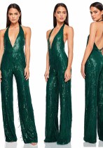 Women's Sleeveless Deep V Halter Neck Low Back Sequin Jumpsuit T Women's Sleeveless Deep V Halter Neck Low Back Sequin Jumpsuit T