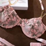 Embroidered Flowers See-Through Sexy Chain Garter Three-Piece Lingerie Set