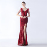 Elegant Feather And Beaded Long Sequined Evening Dress