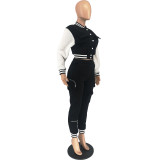 Women's Fall/Winter Casual Cargo Style Color Block Baseball Jacket Sweatpants Sports Two Piece Set