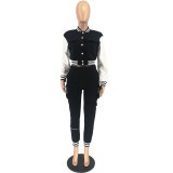 Women's Fall/Winter Casual Cargo Style Color Block Baseball Jacket Sweatpants Sports Two Piece Set