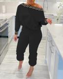 Sexy Contrast Patchwork Print Slash Shoulder Long Sleeve Two-Piece Pants Set
