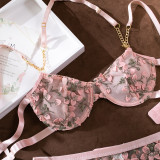 Embroidered Flowers See-Through Sexy Chain Garter Three-Piece Lingerie Set