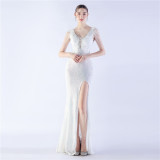 Elegant Feather And Beaded Long Sequined Evening Dress