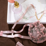Embroidered Flowers See-Through Sexy Chain Garter Three-Piece Lingerie Set