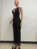Women's Sleeveless Deep V Halter Neck Low Back Sequin Jumpsuit T