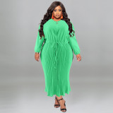 Plus Size Autumn Women's Zipper Round Neck Long Sleeve Pleated Dress