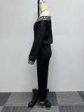 Sexy Contrast Patchwork Print Slash Shoulder Long Sleeve Two-Piece Pants Set