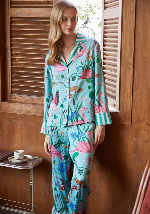 Flamingo Print Pajamas For Women Spring And Autumn Long Sleeve Outdoor Wear Homewear Set