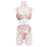 Embroidered Flowers See-Through Sexy Chain Garter Three-Piece Lingerie Set