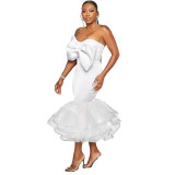 Sexy Slim Contrast Color Strapless Bow Mesh Top Mermaid Party Skirt two piece set