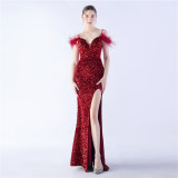 Elegant Feather High-Density Sequined Long Evening Dress