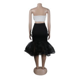 Sexy Slim Contrast Color Strapless Bow Mesh Top Mermaid Party Skirt two piece set