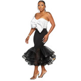Sexy Slim Contrast Color Strapless Bow Mesh Top Mermaid Party Skirt two piece set