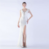 Elegant Feather And Beaded Long Sequined Evening Dress