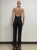 Women's Sleeveless Deep V Halter Neck Low Back Sequin Jumpsuit T
