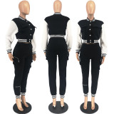 Women's Fall/Winter Casual Cargo Style Color Block Baseball Jacket Sweatpants Sports Two Piece Set