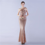 Feather One-Shoulder Slash Shoulder Sequined High-End Evening Dress