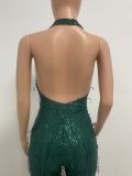 Women's Sleeveless Deep V Halter Neck Low Back Sequin Jumpsuit T