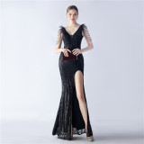 Elegant Feather And Beaded Long Sequined Evening Dress