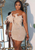 Sexy Feather Beaded Pearl Tight Fitting Bodycon Dress
