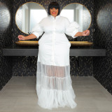 Chic Mesh Patchwork Short Sleeve Autumn Turndown Collar Button Up Plus Size Dress