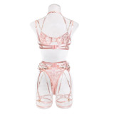 Embroidered Flowers See-Through Sexy Chain Garter Three-Piece Lingerie Set